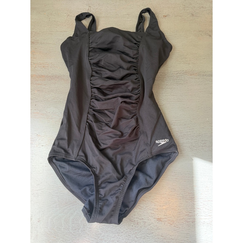 Speedo Endurance+ Black Ruched One Piece Swimsuit Size 8 Square Neck Shelf Bra